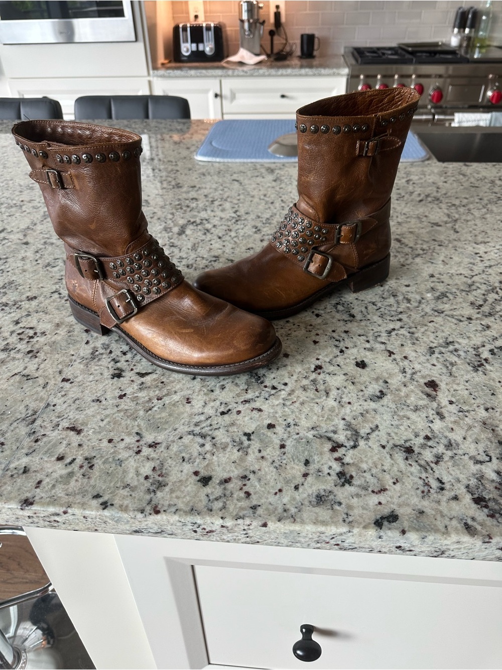 Frye Studded Brown Leather Mid-Calf Boots